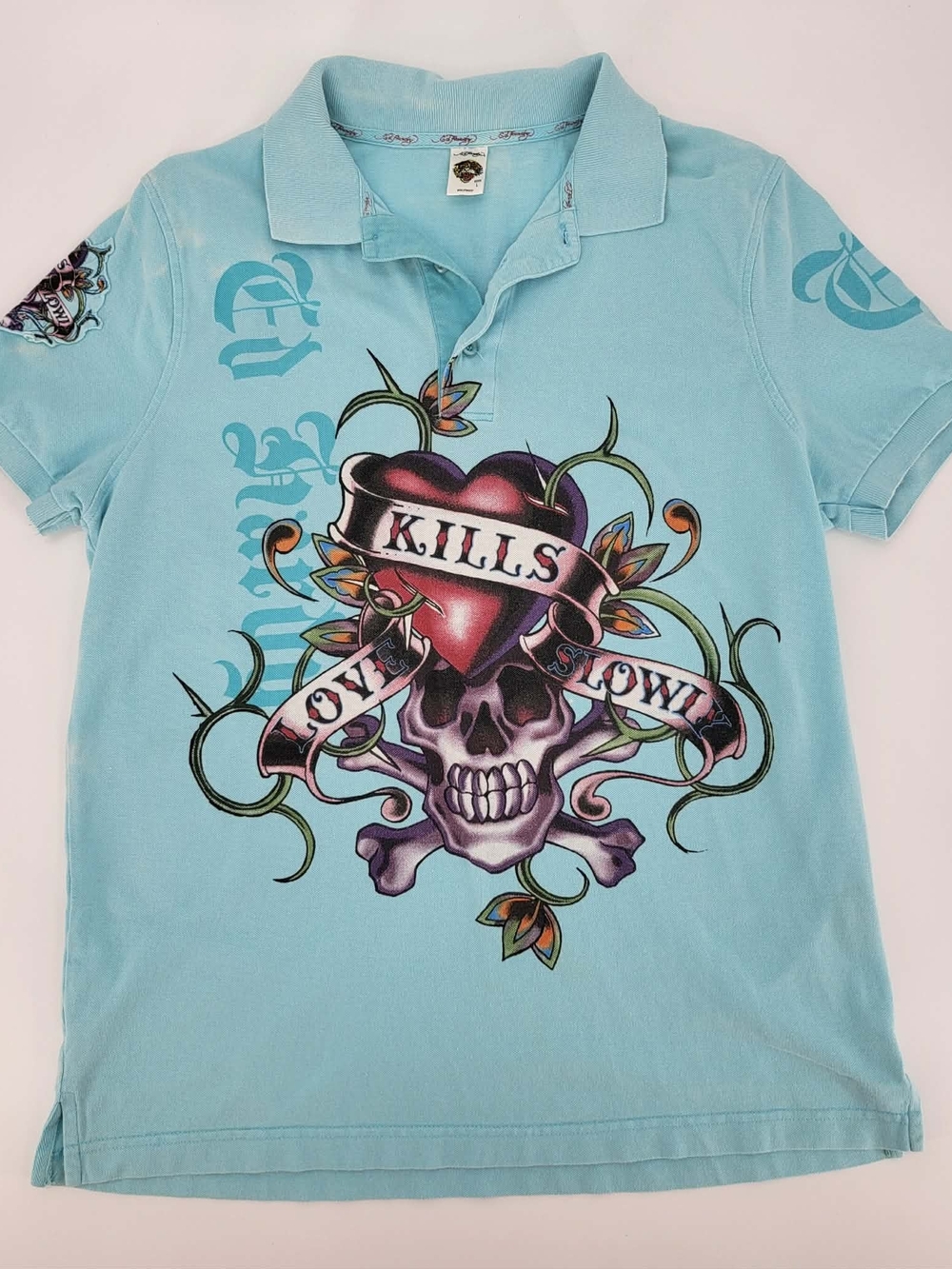 Ed Hardy Light Blue Polo with Skull & Heart Graphic